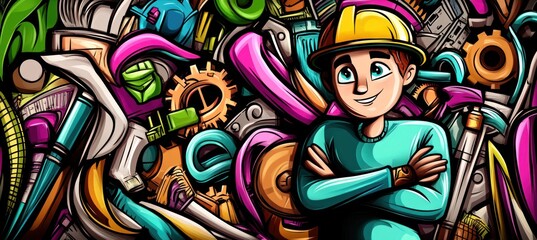 Poster - A cheerful worker stands amidst colorful tools and equipment, symbolizing creativity and industry.