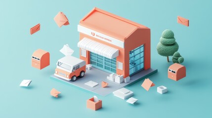 Sticker - A stylized post office scene with a delivery vehicle and floating mail items.