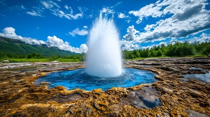 Powerful geyser eruption shooting water and steam high into the air representing the raw power of water and geothermal energy beneath the earth s surface