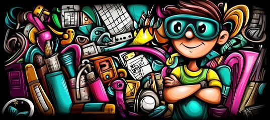 Poster - A colorful illustration of a cheerful child surrounded by various creative tools and objects.