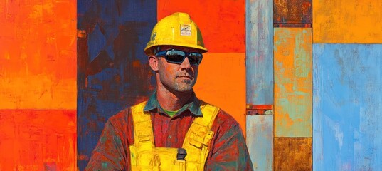 Wall Mural - A construction worker in a hard hat and sunglasses stands against a vibrant, colorful background.