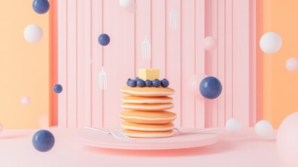 Poster - A stylized stack of pancakes topped with blueberries and butter, set against a colorful background.