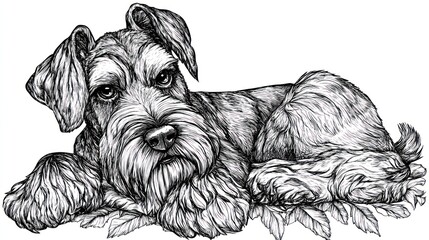 Canvas Print - A detailed illustration of a relaxed dog lying on leaves.