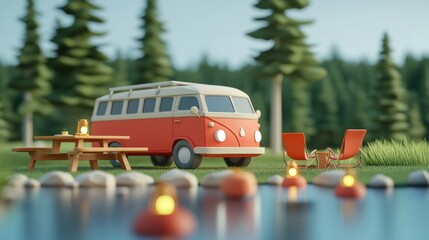 Sticker - A vibrant camping scene featuring a retro van, picnic area, and serene lakeside setting.