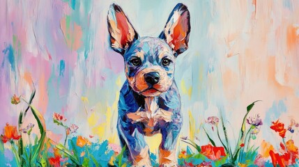 Sticker - A colorful painting of a blue puppy standing in a field of flowers.