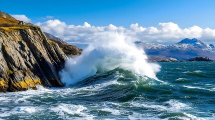 Powerful crashing ocean wave surging against rugged weathered coastal cliffs showcasing the raw untamed force and energy of nature