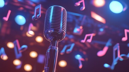 Sticker - A vintage microphone surrounded by musical notes and colorful lights.