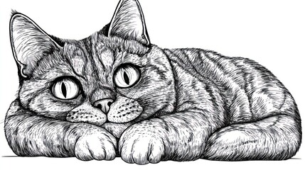 Poster - A detailed illustration of a resting tabby cat with large eyes.