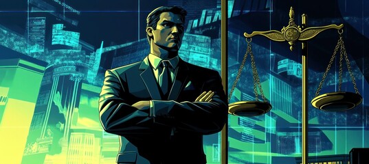 Wall Mural - A confident figure in a suit stands before a modern cityscape, symbolizing justice and law.