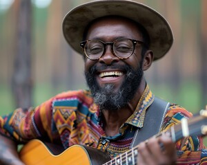 Sticker - A man smiles while playing guitar. AI.