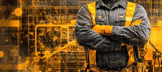 Poster - Worker in industrial attire with a digital background, symbolizing technology and innovation.