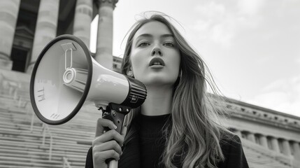 Poster - A woman holds a megaphone, ready to speak. AI.