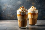 Iced caramel macchiato with whipped cream and caramel drizzle