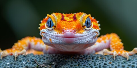 Poster - A close-up of a colorful lizard with blue eyes. AI.