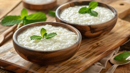 Canvas Print - A bowl of creamy rice pudding topped with fresh mint leaves. AI.