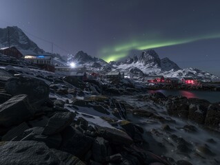 Poster - Northern lights illuminating a snowy village nestled in the mountains. AI.