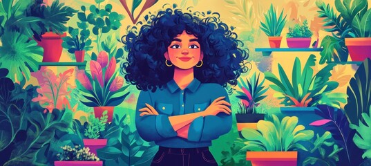 Canvas Print - A confident woman stands amidst vibrant plants, showcasing a love for nature and gardening.