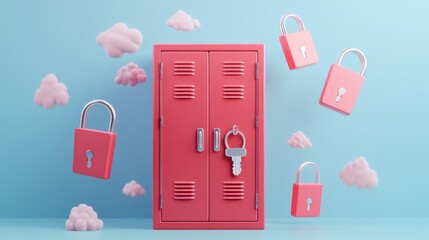 Poster - A pink locker surrounded by floating locks and clouds, symbolizing security and privacy.