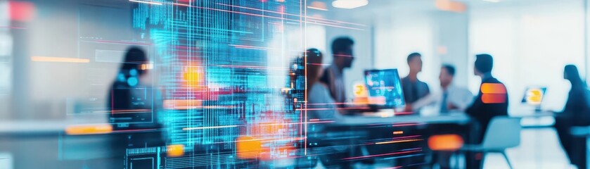 Poster - A diverse team of employees working in an open virtual workspace with floating holographic screens, futuristic architecture, bright and clean design
