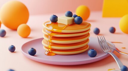 Canvas Print - A stack of pancakes topped with butter and blueberries, drizzled with syrup.