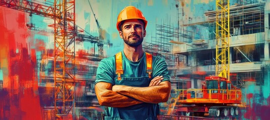 Sticker - A construction worker stands confidently at a building site, showcasing strength and determination.