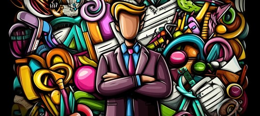 Poster - A stylized figure stands confidently amidst a chaotic array of colorful objects and tools.