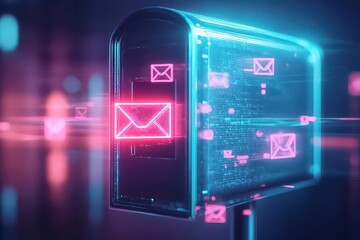 Aufkleber - A futuristic mailbox with holographic letters floating in and out, glowing softly in neon light, surreal digital art, pastel colors