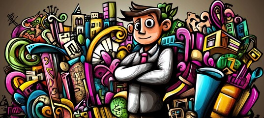 Poster - A colorful, whimsical illustration featuring a confident character surrounded by vibrant city elements.