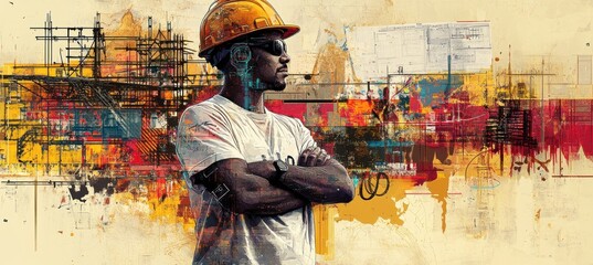 Sticker - A confident worker in a hard hat stands against a vibrant construction backdrop.