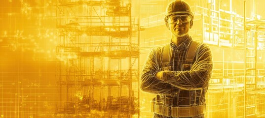 Poster - A construction worker stands confidently against a backdrop of scaffolding and digital elements.