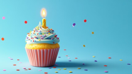 Wall Mural - A colorful cupcake with a candle and sprinkles, set against a blue background.