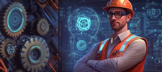 Sticker - A confident engineer stands in front of gears and digital schematics, symbolizing innovation.