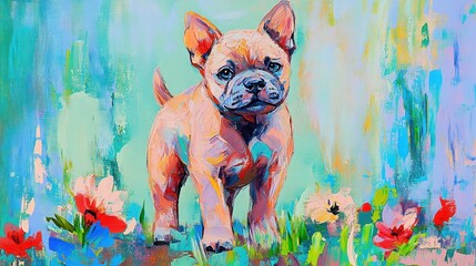 Poster - A colorful painting of a French Bulldog standing amidst vibrant flowers in a playful setting.