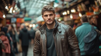 Canvas Print - A man in a leather jacket stands confidently in a bustling market.