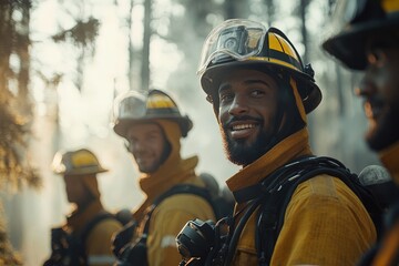 Firefighters in Yellow Gear Smiling Among Trees During a Wildfire Response in the Morning Light