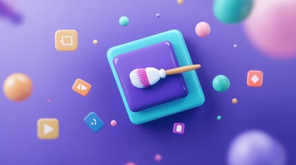 A colorful graphic featuring a paintbrush on a stylized square background with icons.