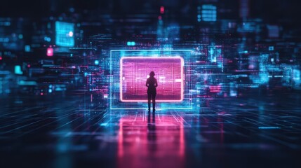 Fototapete - A glowing holographic roadblock in the middle of a virtual city, person standing in front of it, cyber theme, hightech urban design, neon lights