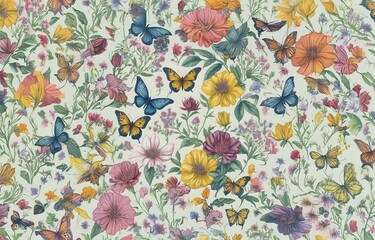 A floral and butterfly pattern with delicate blossoms and insects.