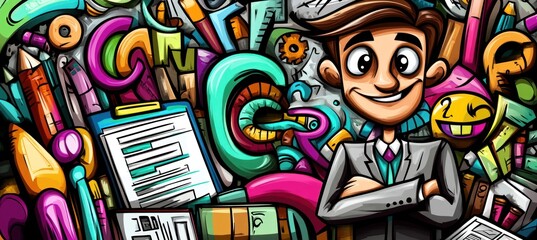 Poster - A colorful, creative scene featuring a smiling character surrounded by various artistic tools.