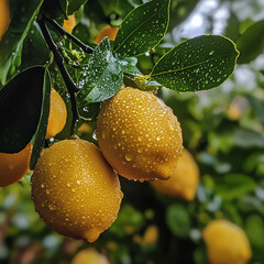 Wall Mural - Lemons on a tree, with water droplets and green leaves, generative AI