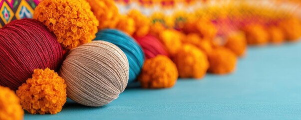 Colorful yarn balls and vibrant marigold flowers create a festive ambiance for celebrations and creative projects.