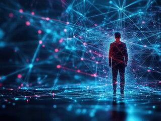A virtual avatar stuck in a digital web of holographic strings, representing data overload and complexity, minimalistic, glowing blue and red tones