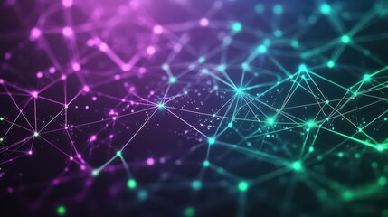 Poster - Abstract digital representation of a company network with glowing neural pathways linking employees, dark techy aesthetic, neon purple and green hues