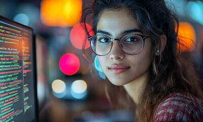 Young woman programmer working late at night