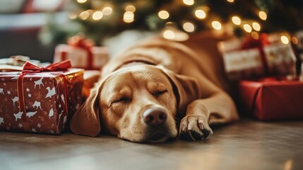 Wall Mural - Adorable dog relaxing peacefully by Christmas gifts under a beautifully decorated tree in a cozy home setting