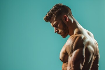 Wall Mural - fit man with a powerful physique and a calm, sharp demeanor, solid color background, ideal for promo