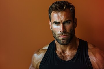 Wall Mural - Muscular man with a calm, determined expression, solid color backdrop ideal for gym promotions that emphasize the balance of strength and mental clarity