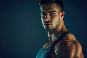 Wall Mural - A strong, fit man with a sharp gaze and a calm posture, solid color background ideal for gym promotions that emphasize the integration of physical and mental fitness