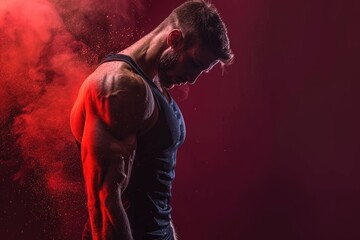 Wall Mural - Muscular man exuding strength and mental sharpness, solid color backdrop perfect for gym advertising that highlights total fitness, both physical and mental