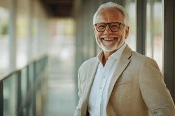 High-resolution brightly lit photorealistic candid photograph of a joyful senior businessman captured in a high-end lifestyle magazine style. The light, cheerful feel highlights his happiness.